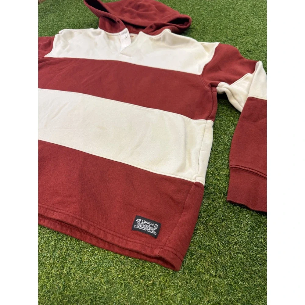 Levis‎ Mens Relaxed Fit Hooded Rugby Shirt Burgundy Cream Striped Fleece Medium